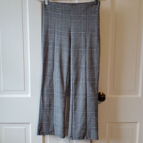 H&M GLEN PLAID KNIT STRAIGHT LEG HIGH RISE PANTS SZ SMALL CROPPED BLACK WHITE - Picture 2 of 7